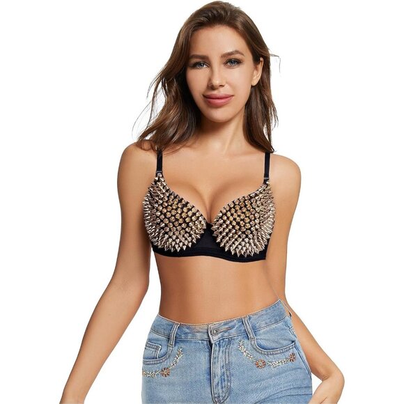 Women's Steampunk B Cup Spike Studs Rivet Party Club Rave Sport Bra Top - Picture 2 of 6